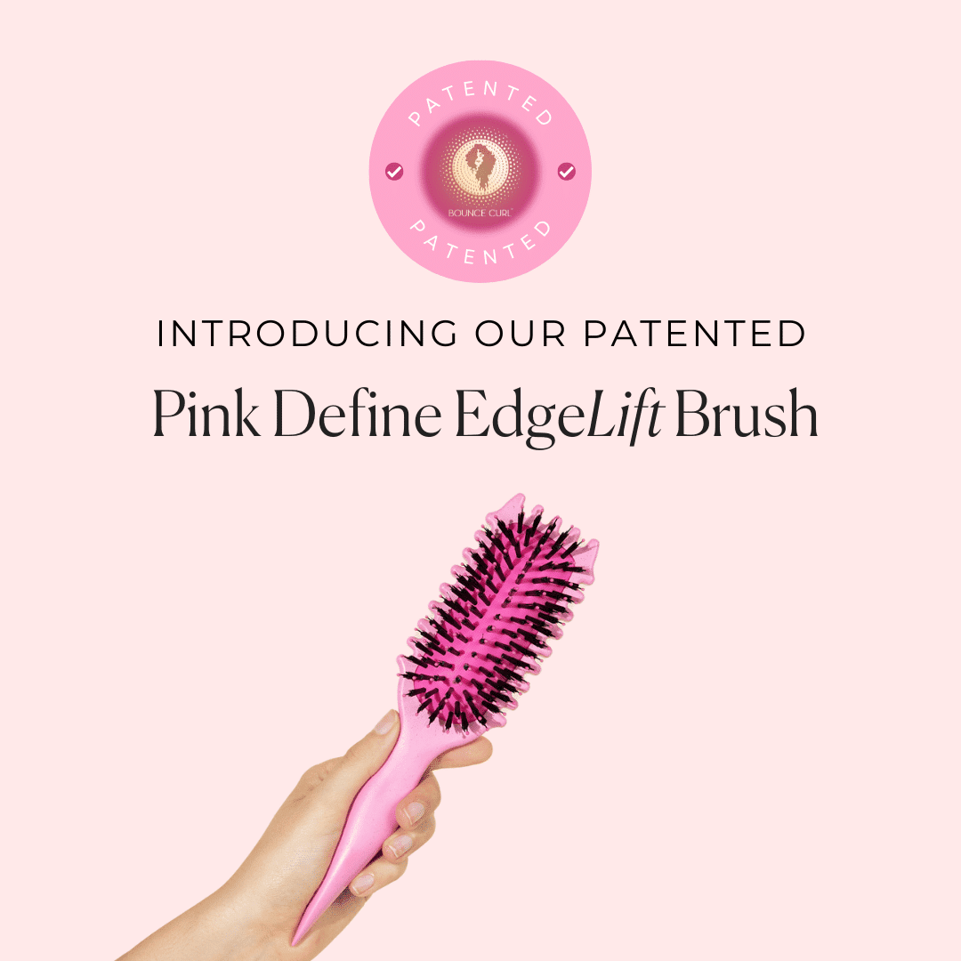 Introducing the patented Pink Define EdgeLift Brush with a close-up of the brush.