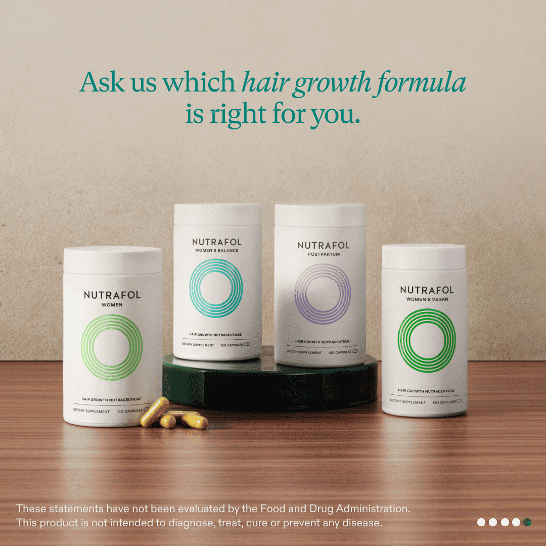 Four Nutrafol hair growth products with capsules on a wooden surface.