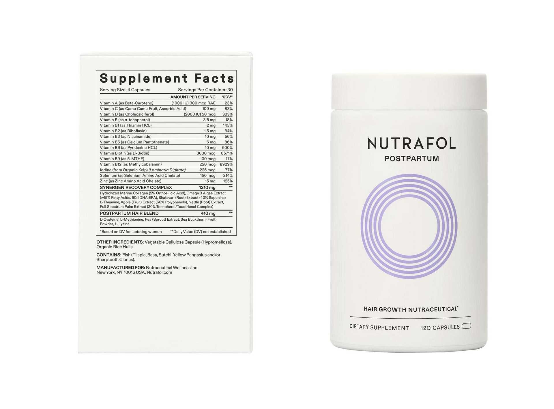 Nutrafol Postpartum hair growth supplement bottle and packaging with supplement facts.