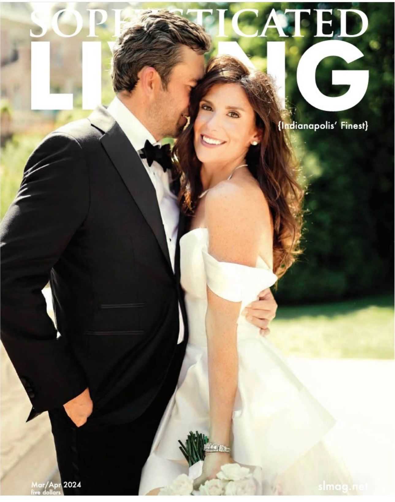Couple in formal attire embracing, featured on magazine cover, "Sophisticated Living.