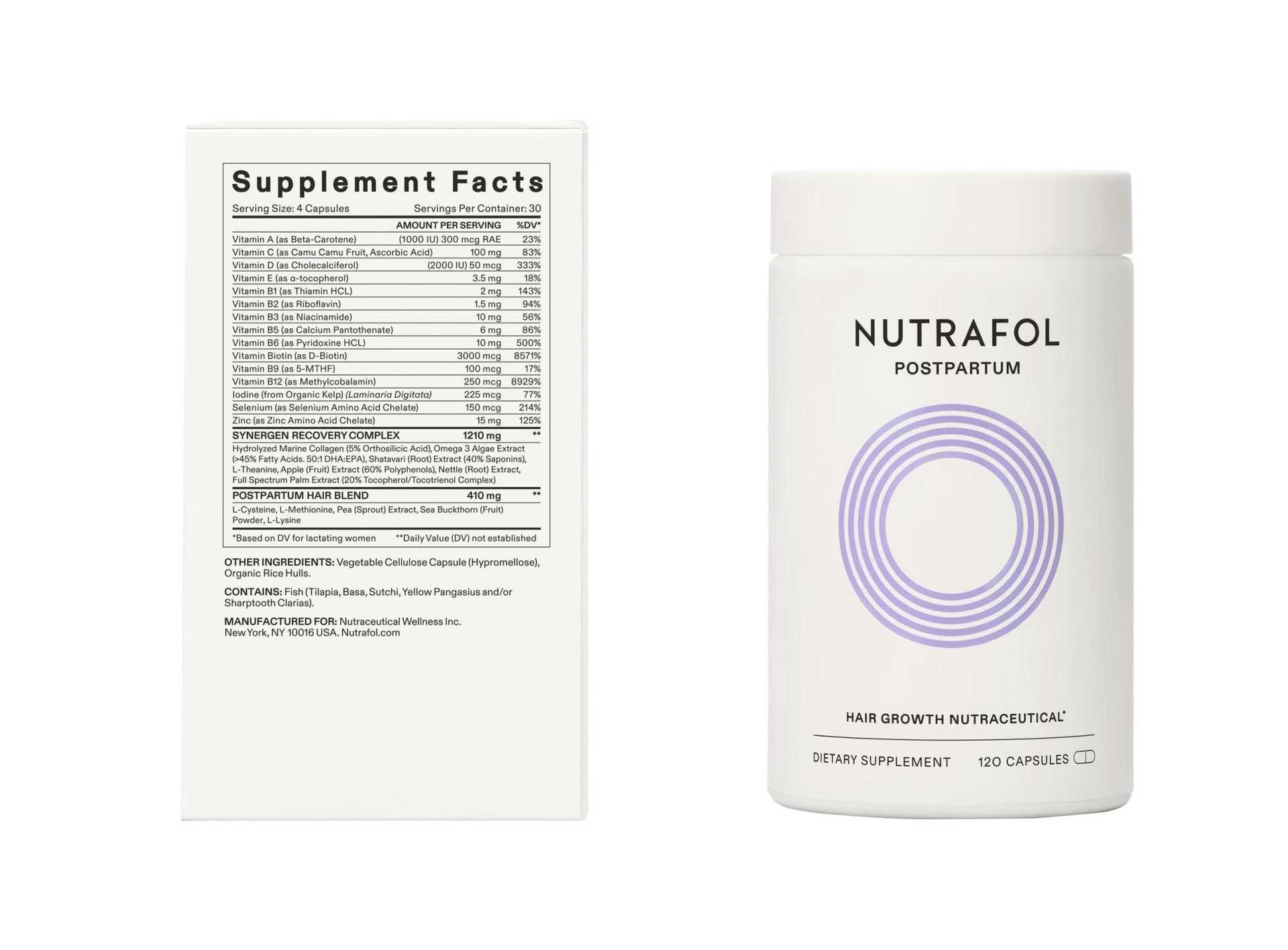 Nutrafol Postpartum hair growth supplement bottle and packaging with supplement facts.