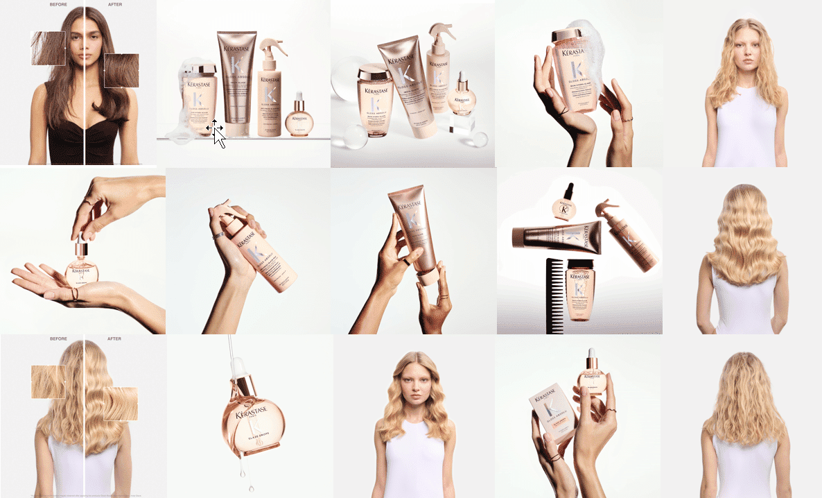 Haircare product collection with models showing shiny, styled hair.