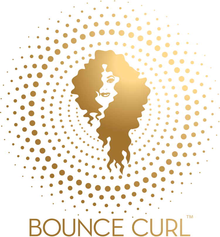 Golden silhouette of a woman with curly hair inside a dotted circle, labeled "Bounce Curl.