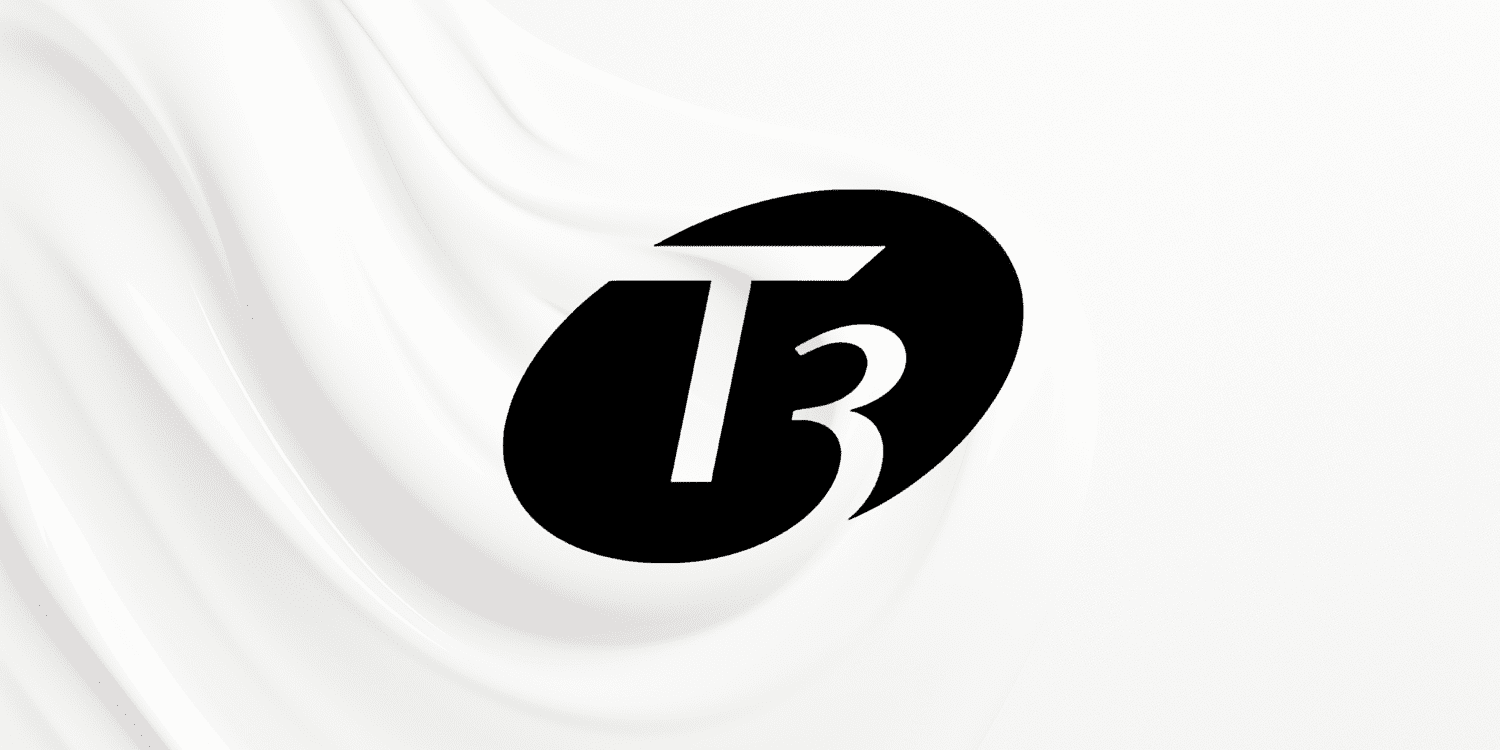 Flowing fabric with black and white T3 logo design.