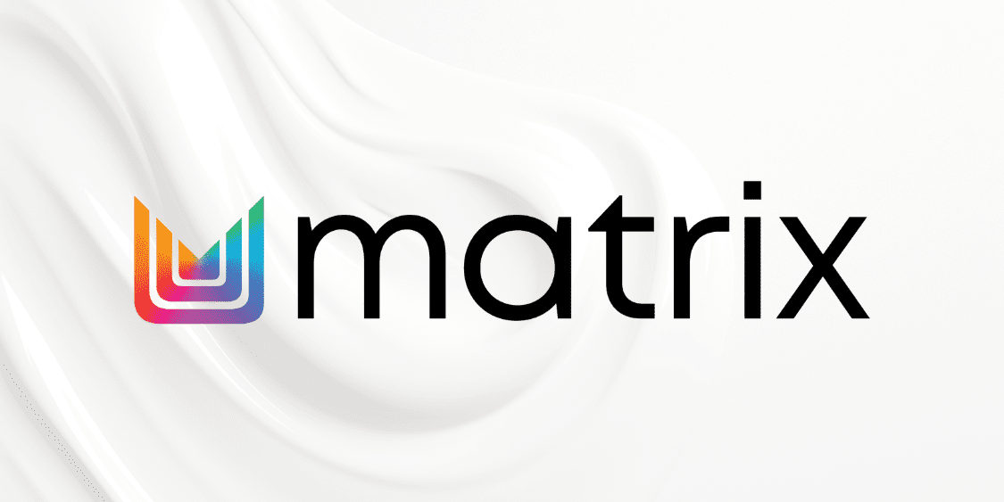 Colorful "matrix" logo on a white, wavy background.