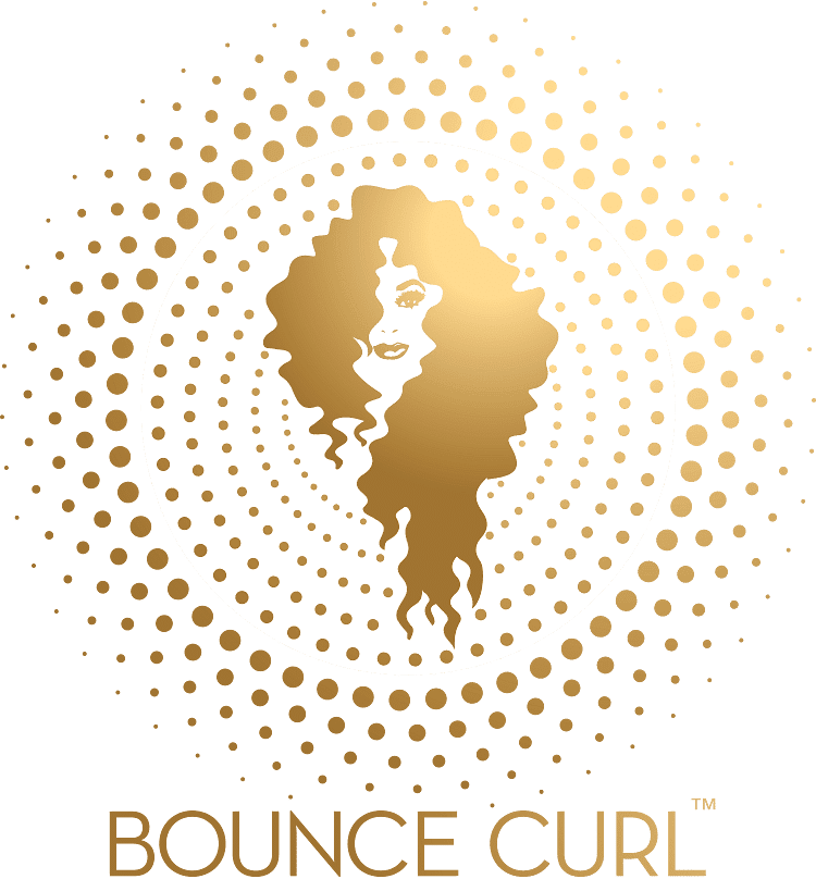 Golden silhouette of a woman with curly hair inside a dotted circle, labeled "Bounce Curl.